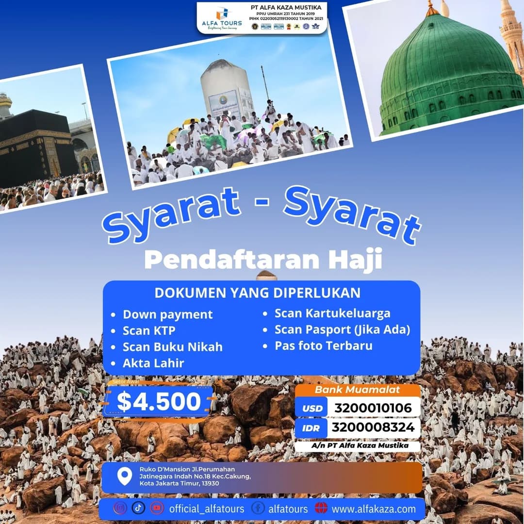 Brosur syarat pendaftaran haji khusus Alfa Tour: KTP, KK, buku nikah, akta lahir, paspor, pas foto, setor awal US$4.500