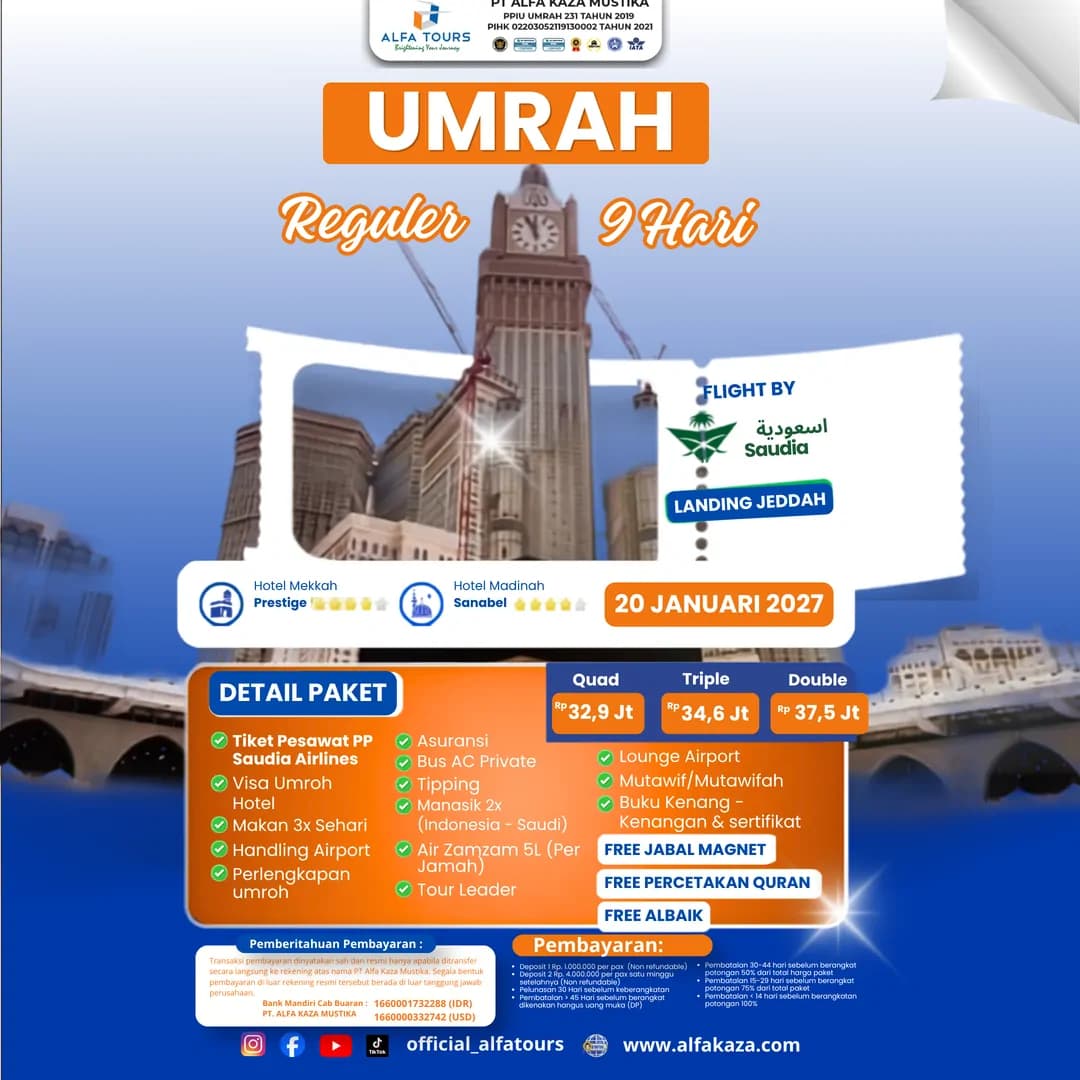 Brosur Umroh Reguler 9 hari 20 Januari 2027 Alfa Tour dengan Saudia landing Jeddah, mulai Rp 32,9 juta