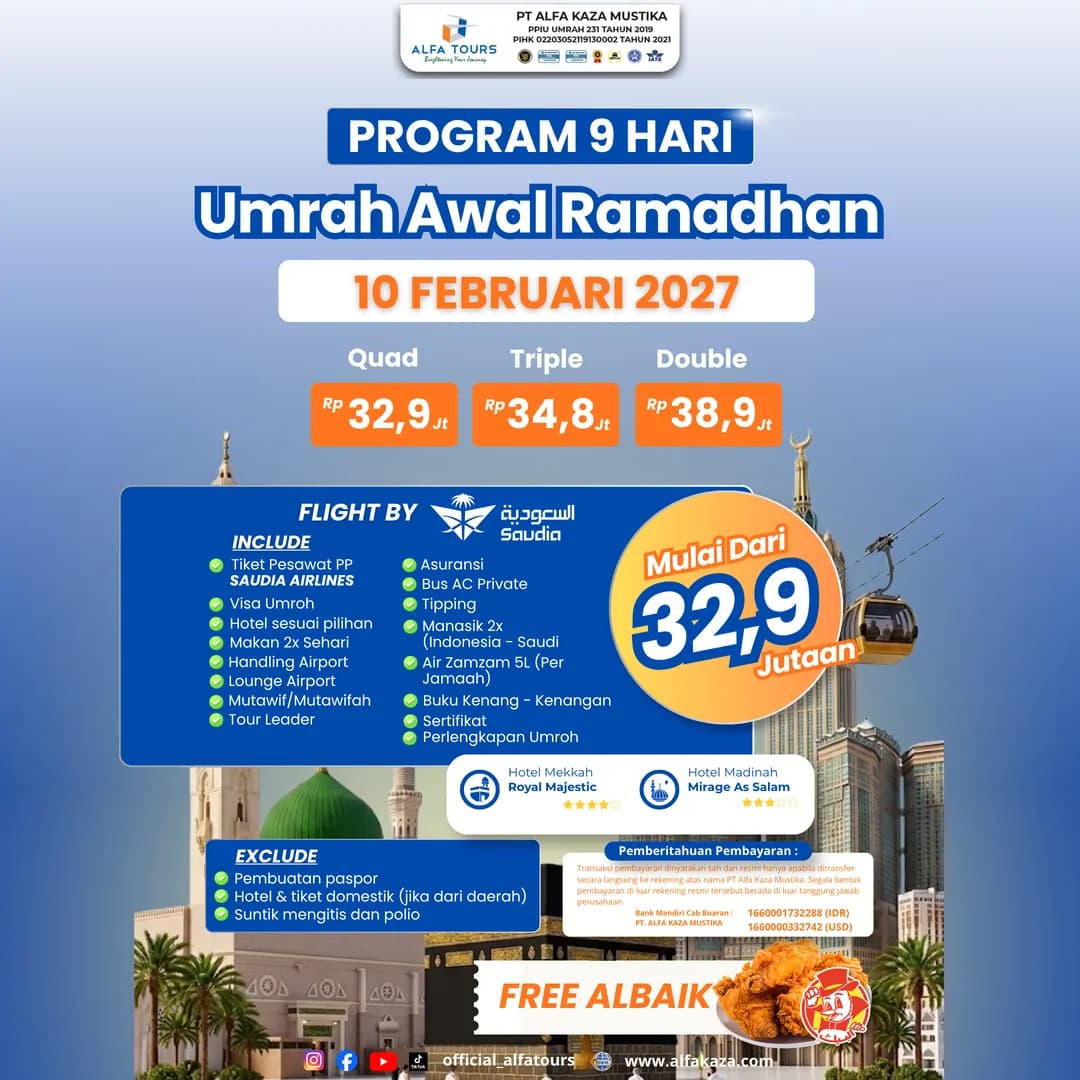 Brosur Umroh Awal Ramadhan 9 hari 10 Februari 2027 Alfa Tour dengan Saudia, mulai Rp 32,9 juta