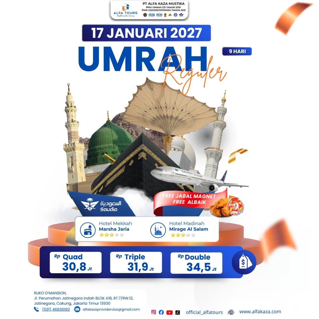 Brosur Umroh Reguler 9 hari 17 Januari 2027 Alfa Tour dengan Saudia, mulai Rp 30,8 juta