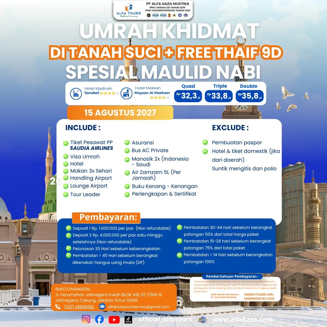 Brosur Umroh Maulid Nabi plus Thaif 9 hari 15 Agustus 2027 Alfa Tour dengan Saudia, mulai Rp 32,3 juta